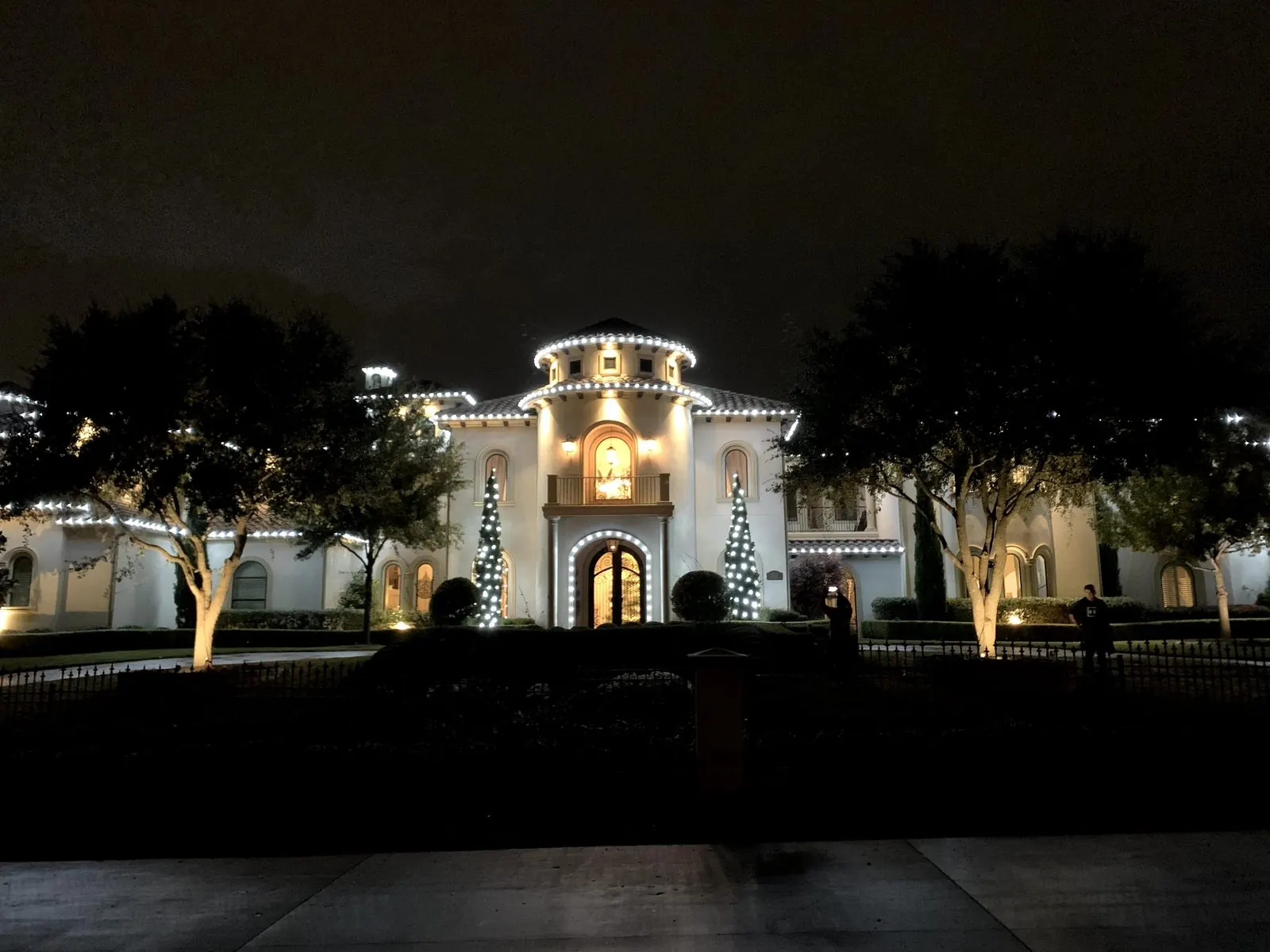Warm white Christmas lights on bushes in McKinney TX