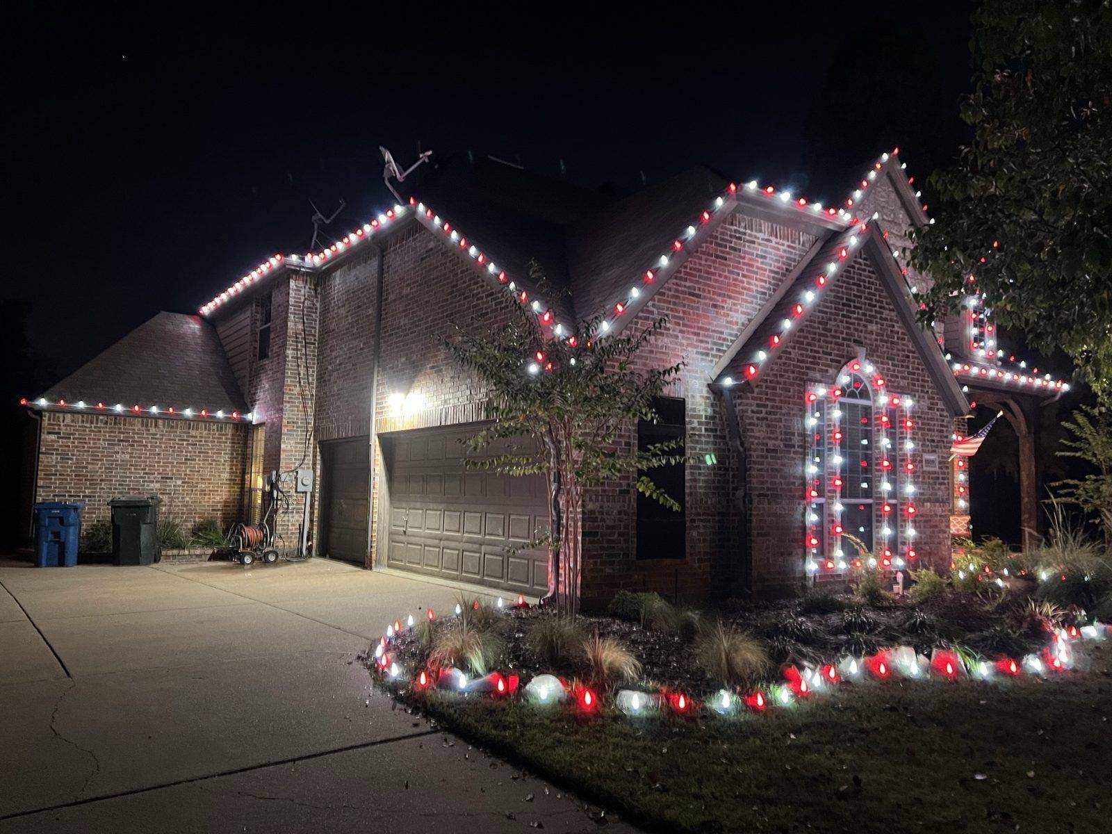Christmas light installation McKinney TX brick home red and white C9 LED Christmas light installation McKinney TX brick home red and white C9 LED