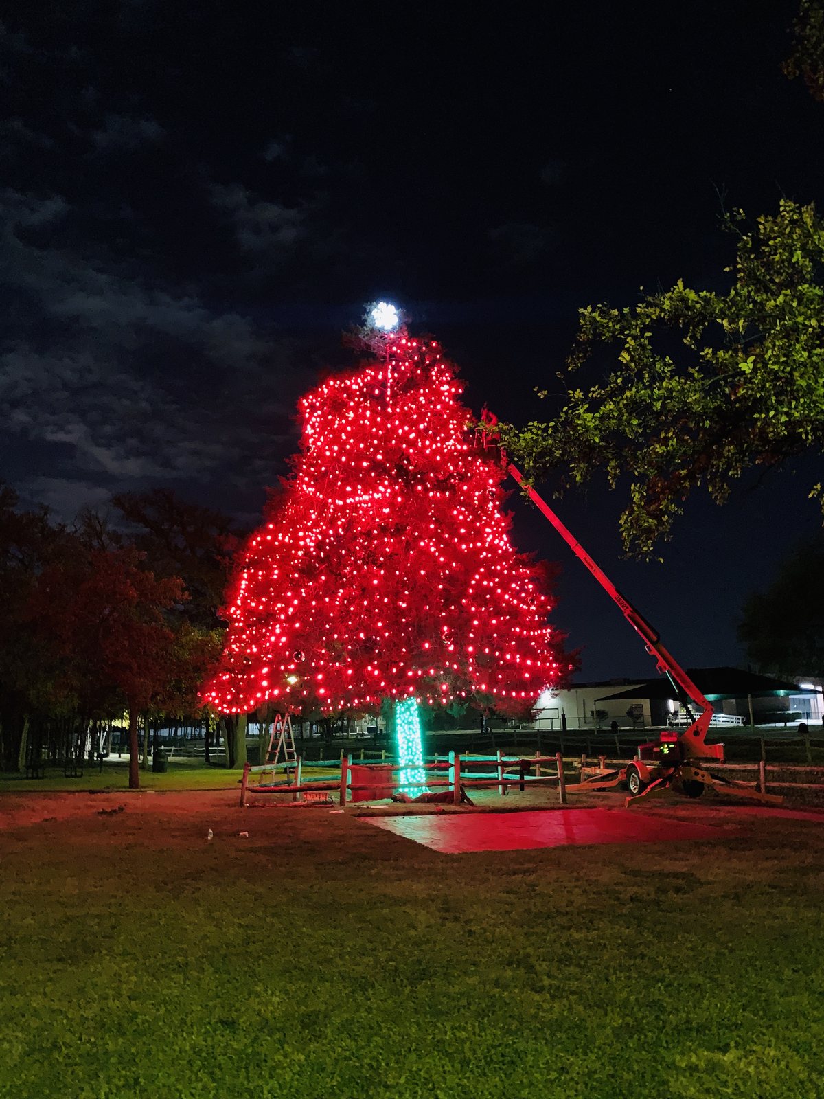 Commercial Christmas tree installation Dallas TX bucket truck Commercial Christmas tree installation Dallas TX bucket truck