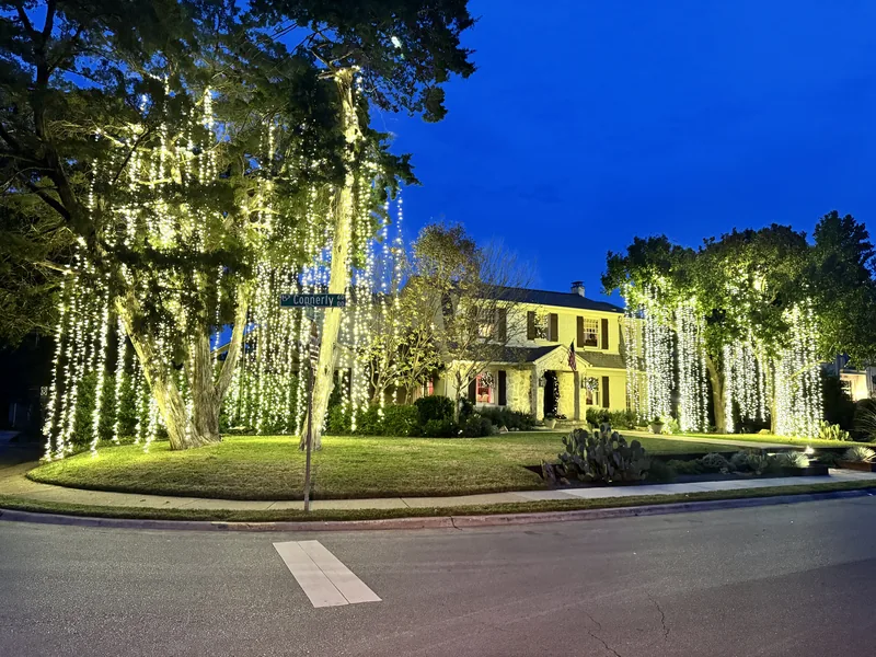 Christmas light installation Bluffview TX — warm white wrapped feature trees and roofline on an estate home