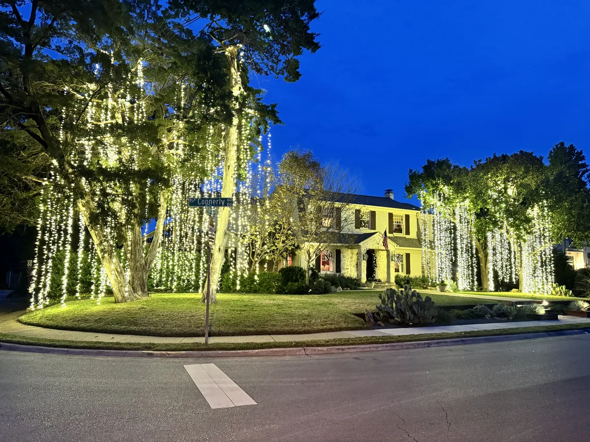 Christmas light installation Trophy Club TX — warm white wrapped feature trees and roofline on an estate home