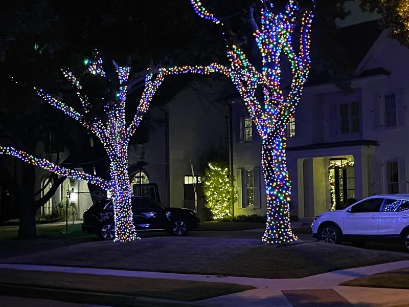 The Christmas Lights Experts crew installing warm white tree wrapping on a Trophy Club, TX luxury home at night
